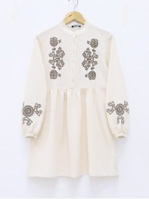 Front And Arm Embroidered Half Button Linen Tunic -Cream color