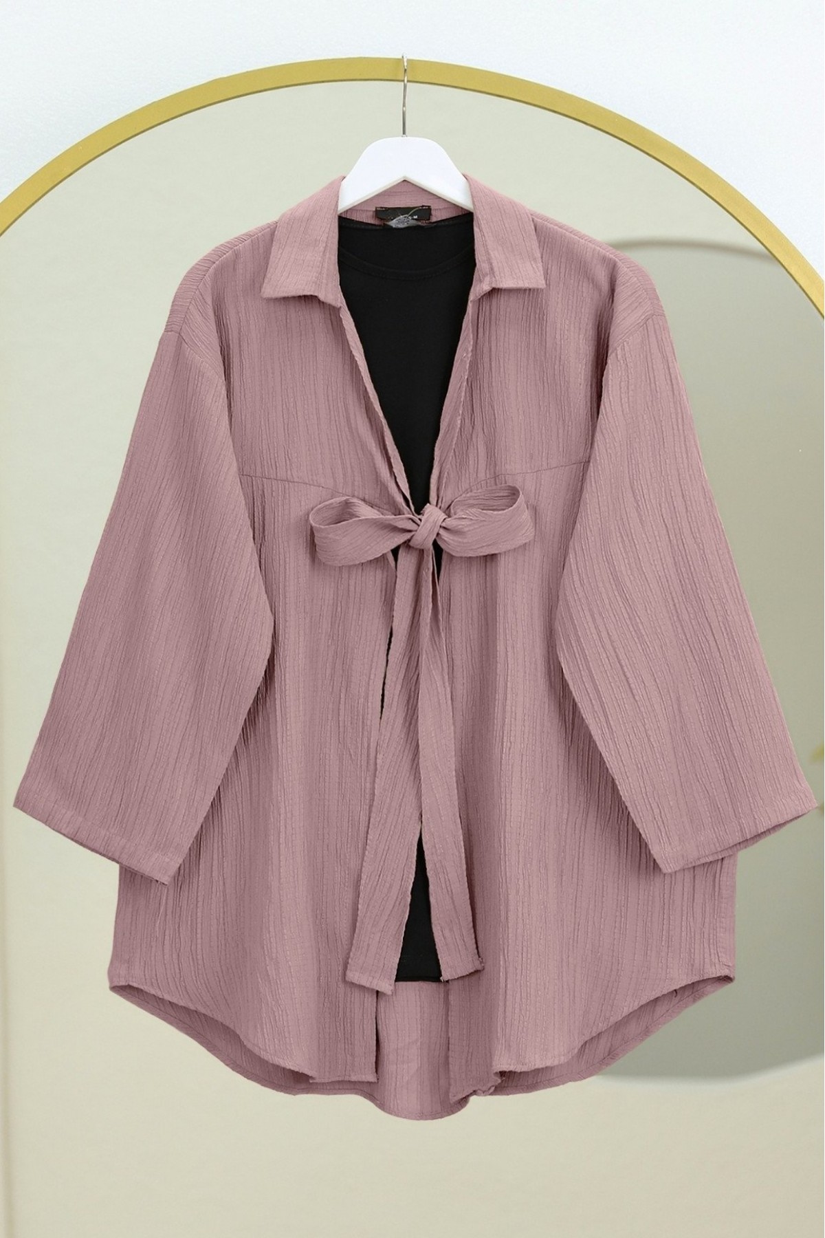 Önden Bağlamalı Krınkıl Kimono -Pudra