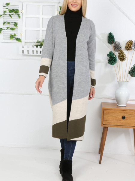 Double Layer Three Color Long Knitwear Cardigan -Grey