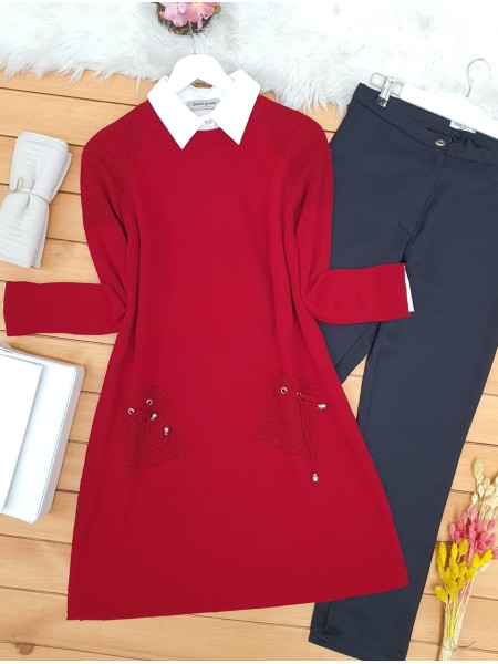 Crew Neck Pockets Lace-Up Knitwear Tunic -Red