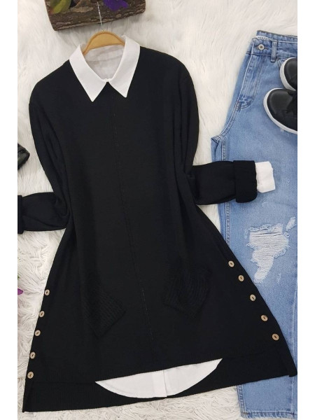 Buttoned Side Pocket Knitwear Tunic -Black