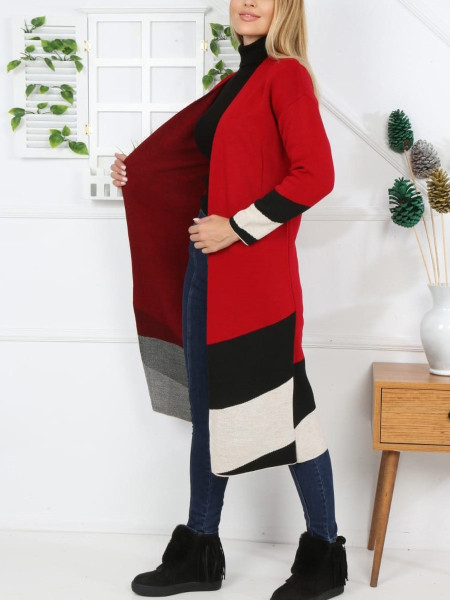 Double Layer Three Color Long Knitwear Cardigan -Red