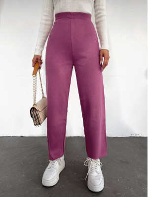Knit Trousers With Slit Trousers -Cherry Color