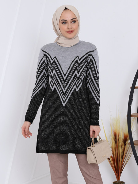 Front and Sleeves Patterned Slit Knitwear Tunic  -Smoked 