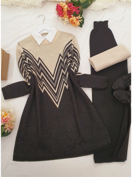 Front and Sleeves Patterned Slit Knitwear Tunic -Black