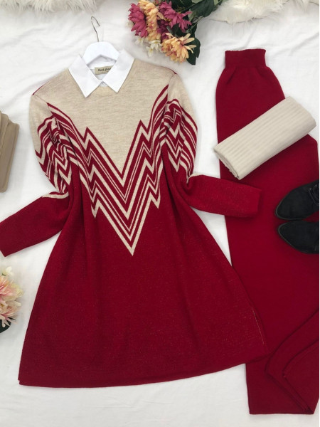 Front and Sleeves Patterned Slit Knitwear Tunic -Red