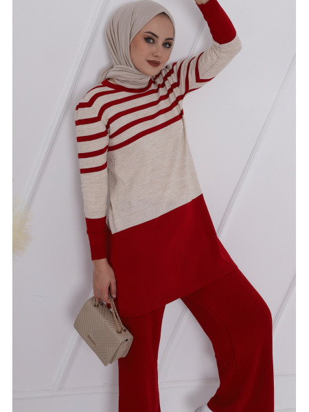 Top Striped Slit Loose Knitwear Set -Red
