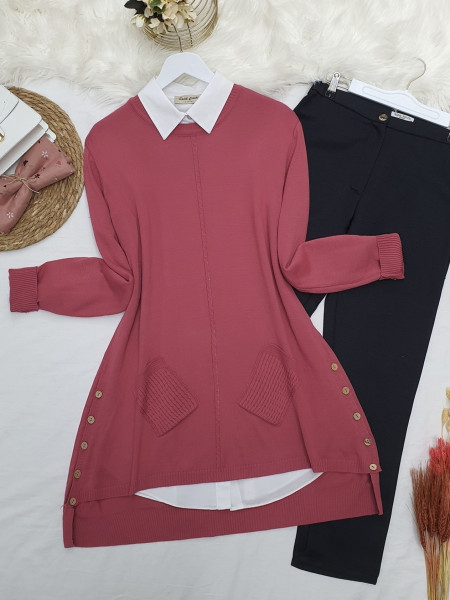 Buttoned Side Pocket Knitwear Tunic  -Pink