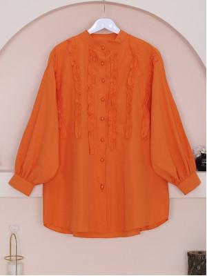 Top Buttoned Ruffle Front Loose Shirt -Orange