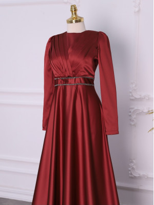 Front Draped Waist Beaded Satin Evening Dress -Red