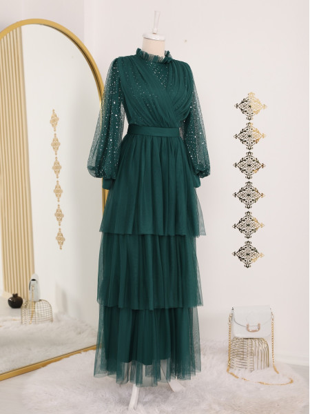 Polka Dot Tulle Evening Dress With Layered Sleeves -Green