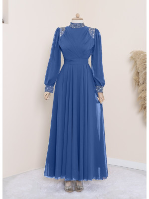 Chiffon Evening Dress with Stone Collar and Sleeve Cuff, Tie Waist -Blue