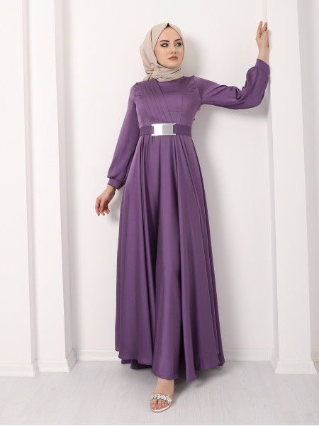 Draped Belt and Stony Buckle Evening Dress - Purple