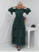Sequin Sleeve Tulle Evening Dress  -Emerald