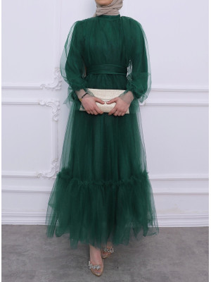Skirt Parted Waist Belted Tulle Evening Dress -Emerald