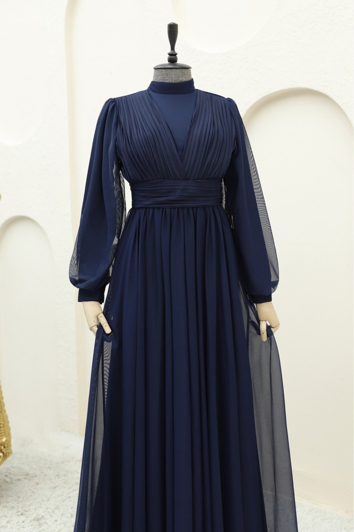 Pleated Double Breasted Tulle Evening Dress -Navy blue