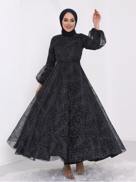 Tulle Silvery Detailed Inner Satin Belt Evening Dress -Black