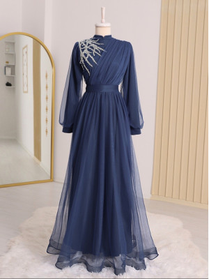 Stone Detailed Draped Belt Tulle Evening Dress   -Dark blue