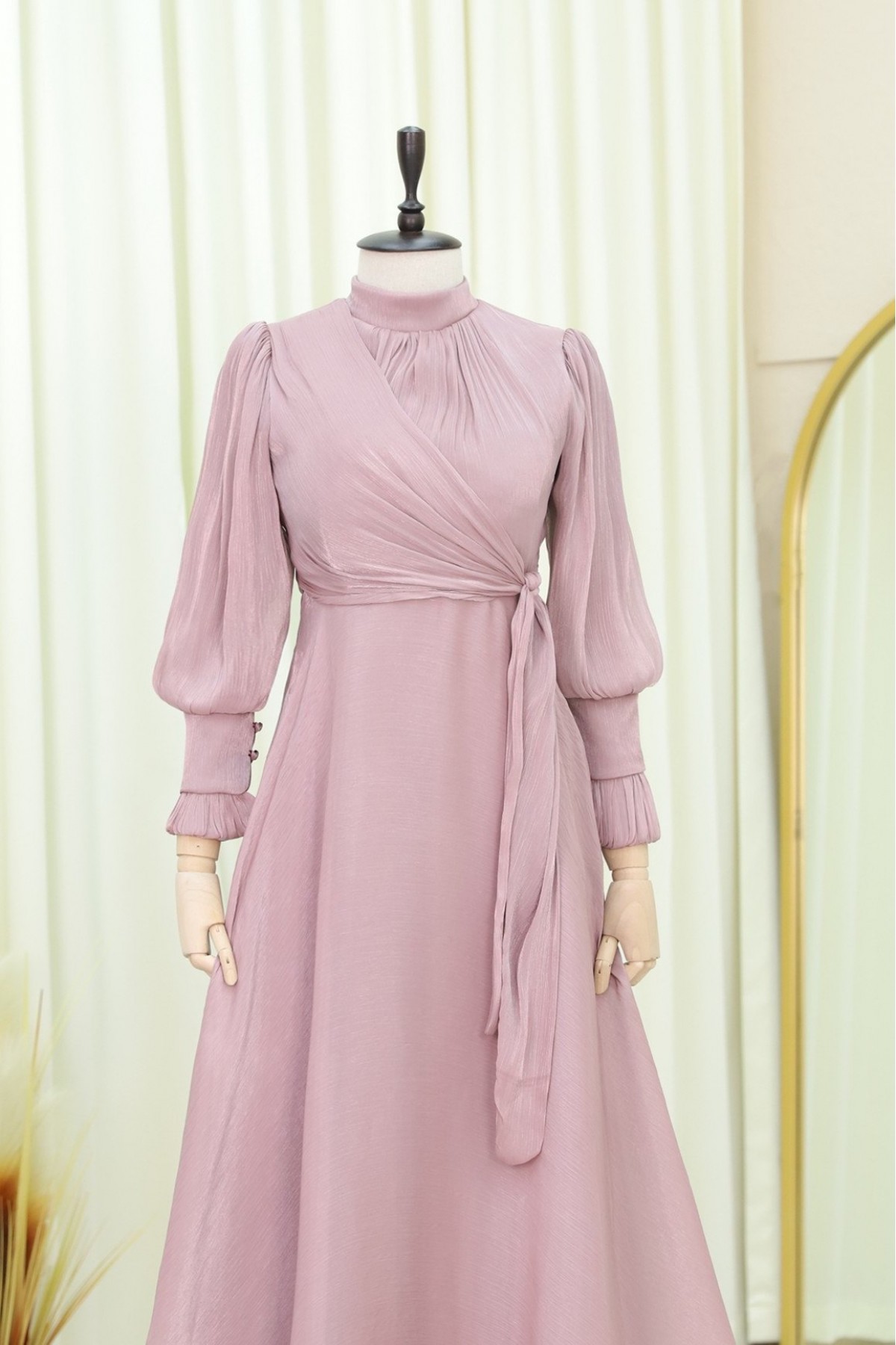 High Collar Side Tie Pleated Evening Dress -Dried rose
