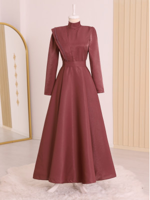 Bead Detailed Belted Evening Dress -Dried rose