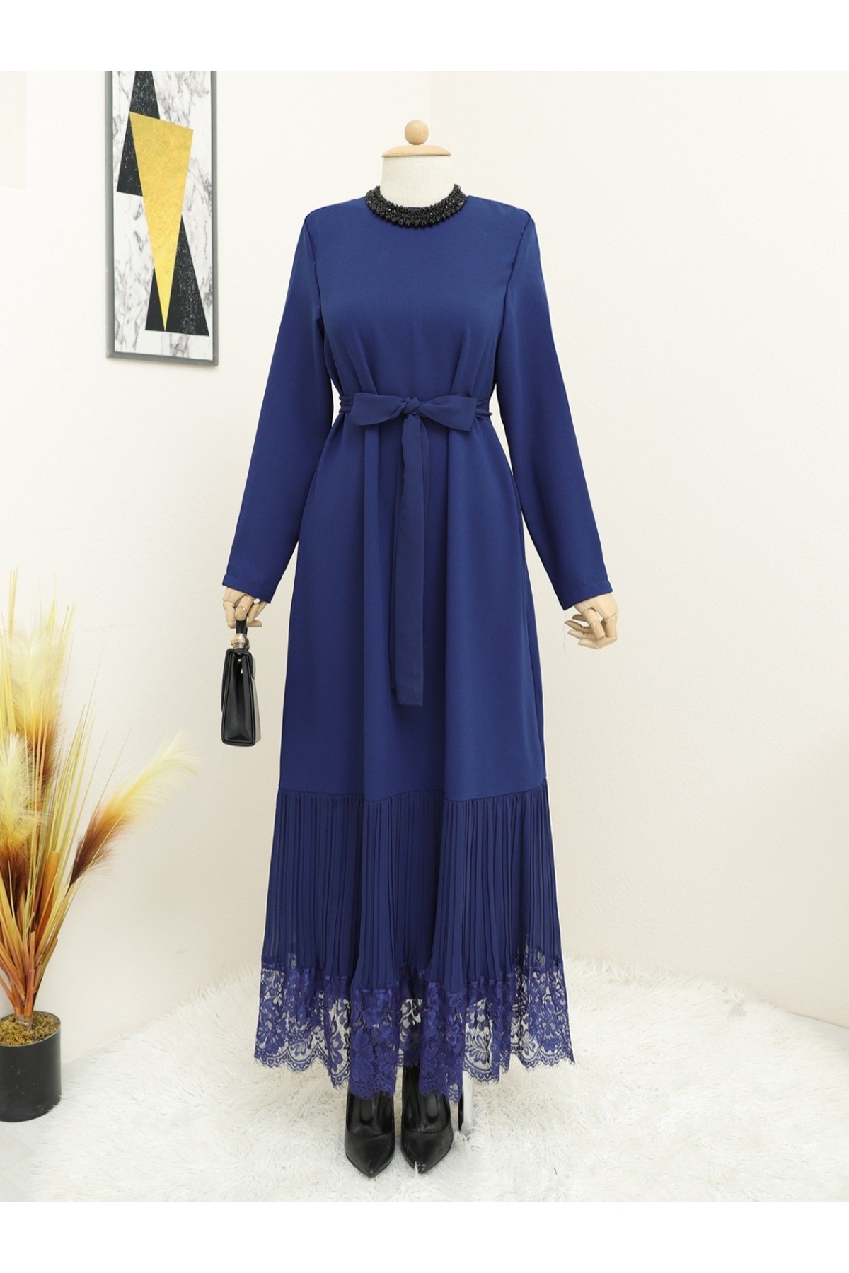 Belted Dress with Pleated Lace Skirt -İndigo
