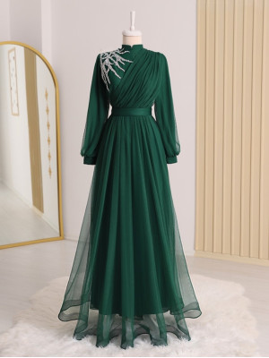 Stone Detailed Draped Belt Tulle Evening Dress -Emerald