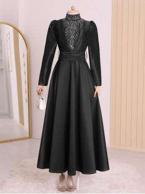 Stone Detailed Taffeta Islamic Clothing Evening Dress -Black