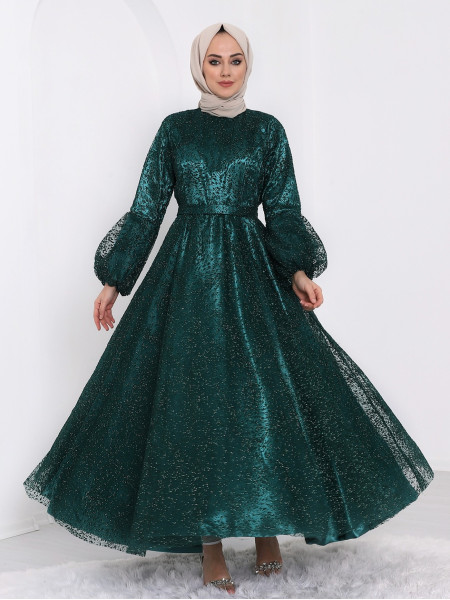 Tulle Silvery Detailed Inner Satin Belt Evening Dress -Emerald