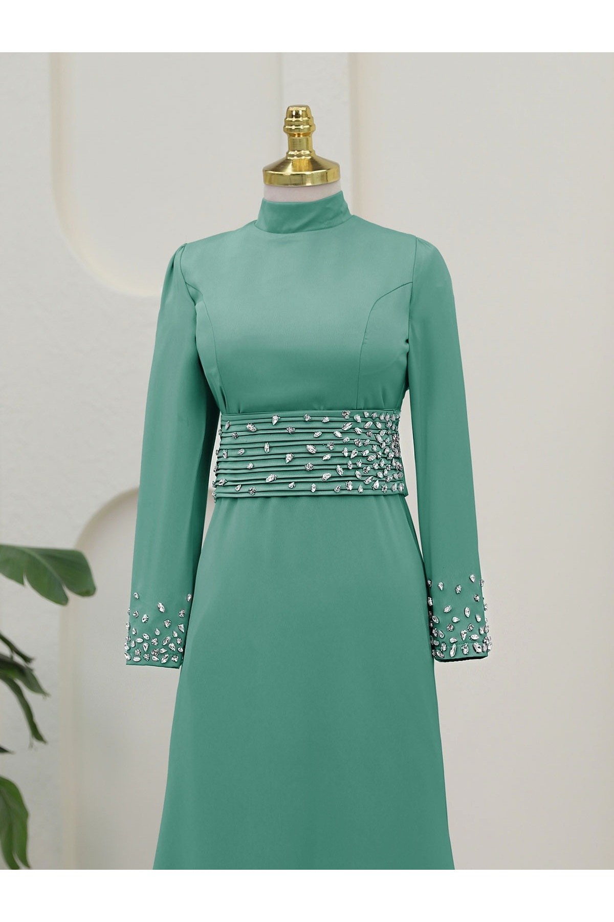 Corset Belted Stoned Satin Evening Dress -Sea green
