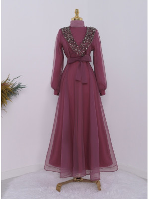 Beaded Belted Tulle Evening Dress With Stones On The Front -Dried rose