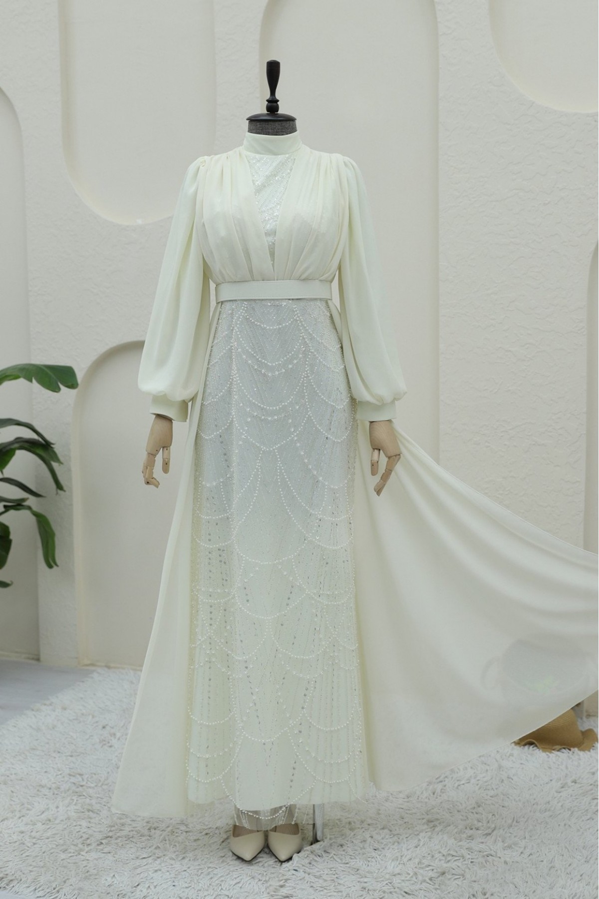 Beaded and Sequined Belted Chiffon Evening Dress -Ecru