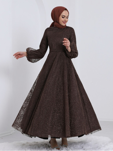 Tulle Silvery Detailed Inner Satin Belt Evening Dress -Brown