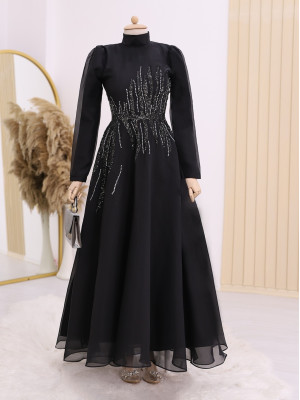 High Collar Islamic Clothing Evening Dress -Black