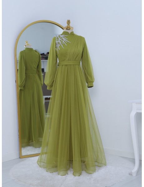 Stone Detailed Draped Belt Tulle Evening Dress    -Oil Green