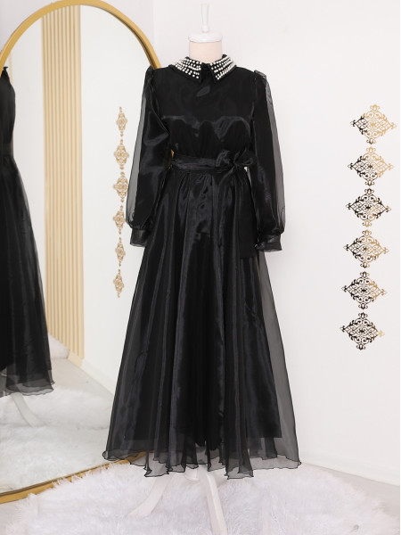 Pearl and Stone Detailed Collar Tie Waist Evening Dress -Black