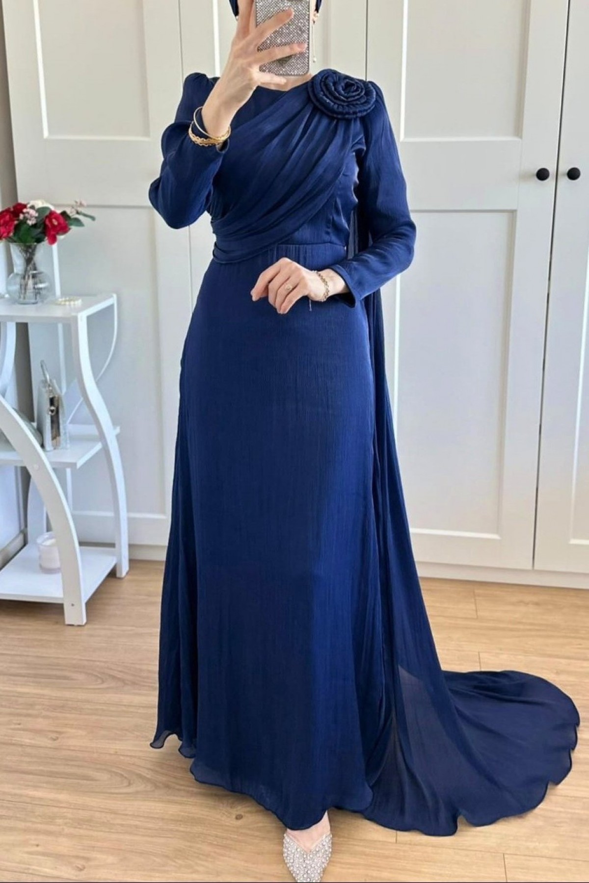Chiffon Evening Dress with Rose Detail on Shoulder -İndigo