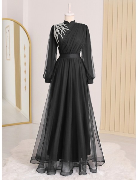 Stone Detailed Draped Belt Tulle Evening Dress -Black