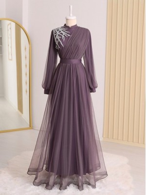 Stone Detailed Draped Belt Tulle Evening Dress    -Lilac