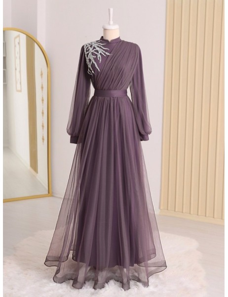 Stone Detailed Draped Belt Tulle Evening Dress    -Lilac
