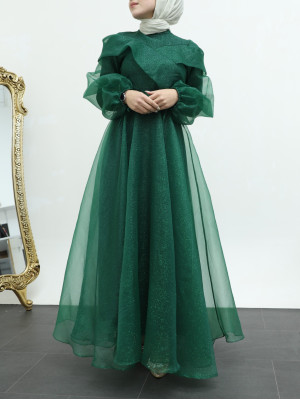 Glittered Tulle Evening Dress with Laced Sleeves and a Magnificent Collar -Emerald