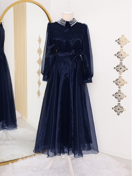 Pearl and Stone Detailed Collar Tie Waist Evening Dress -Navy blue
