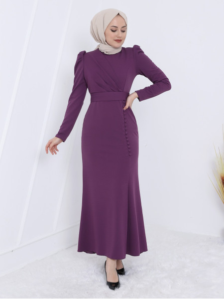 Skirt Button Detailed Belt Long Dress - Purple