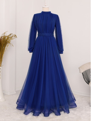 Sleeve And Belt Pearls Judge Collar Tulle Evening Dress  -Saxe 