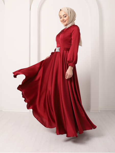 Draped Belt and Stony Buckle Evening Dress -Red