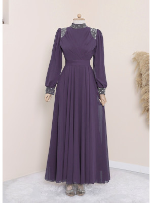 Chiffon Evening Dress with Stone Collar and Sleeve Cuff, Tie Waist -Lilac