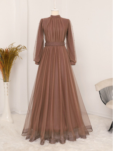 Sleeve And Belt Pearls Judge Collar Tulle Evening Dress  -Snuff