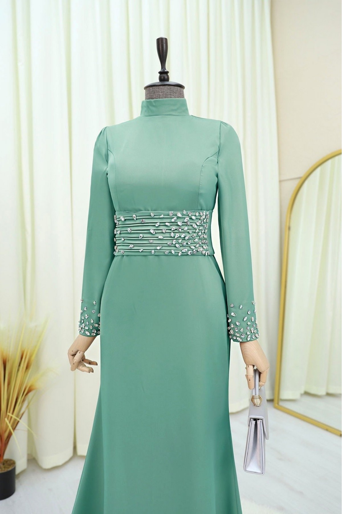 Corset Belted Stoned Satin Evening Dress -Sea green