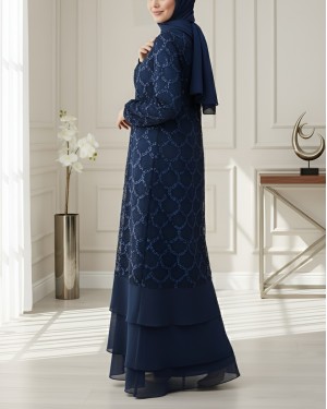 Pul Payetli Eteği Katlı Kemerli İkili Abaya -Laci