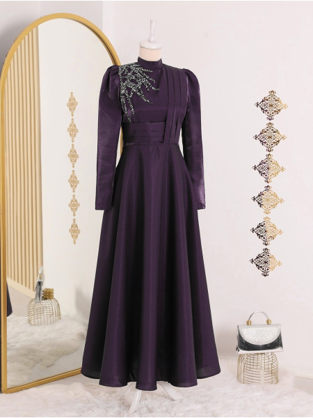 Judge Collar Front Stone Detailed Satin Evening Dress  - Purple