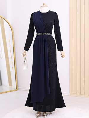 Belt Stone Detailed Silvery Evening Dress  -dark lacquer